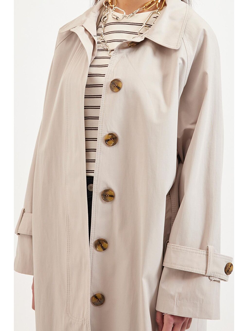 Bej Önden Düğmeli Trençkot - Taş-3