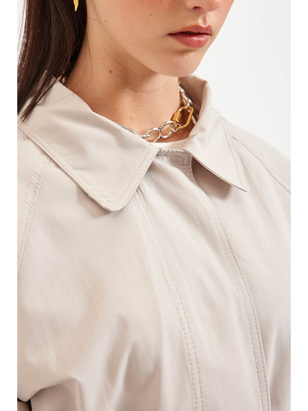 Bej Önden Düğmeli Trençkot - Taş-4