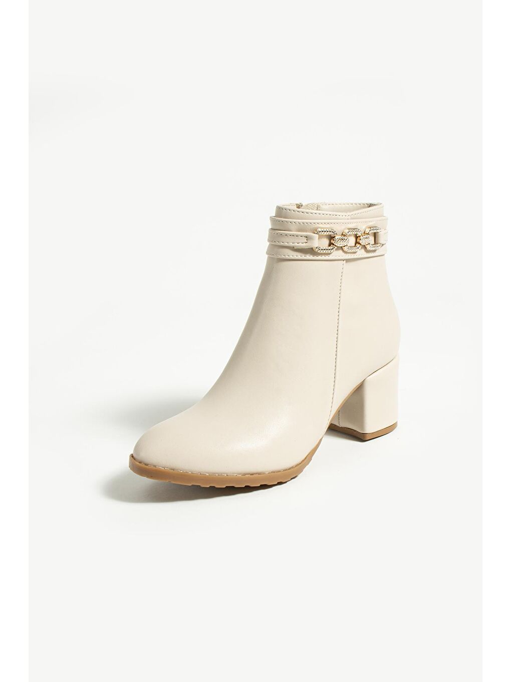 Ekru Zincir Detaylı Fermuarlı Kalın Topuklu Kadın Bot 018-303-23Cilt-4