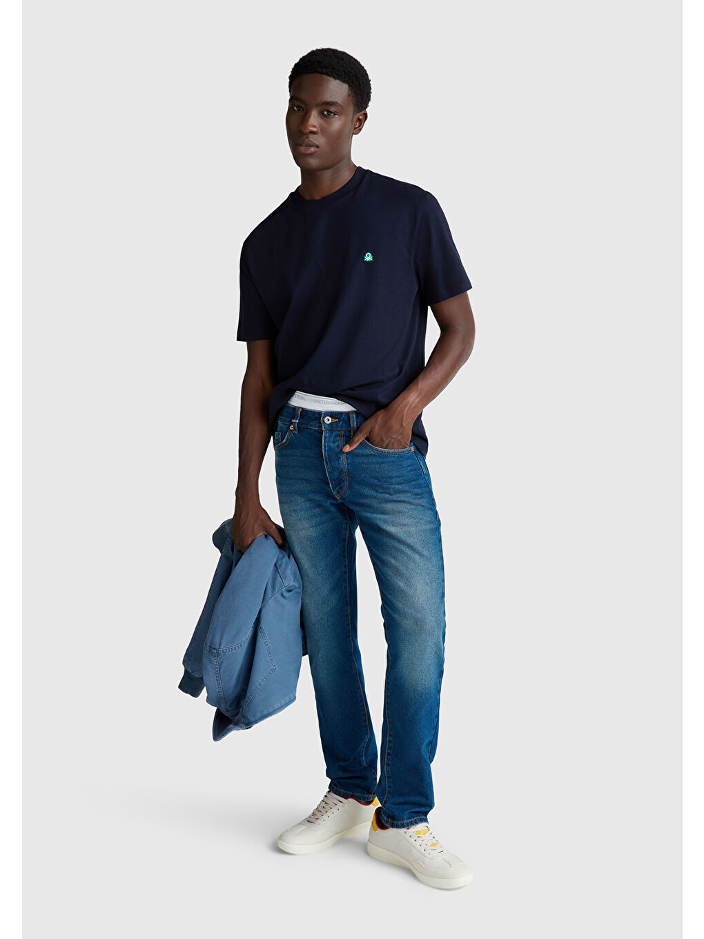 Erkek Lacivert  100 Pamuk Benetton Logolu Bisiklet Yaka %100 Pamuk Tişört-4
