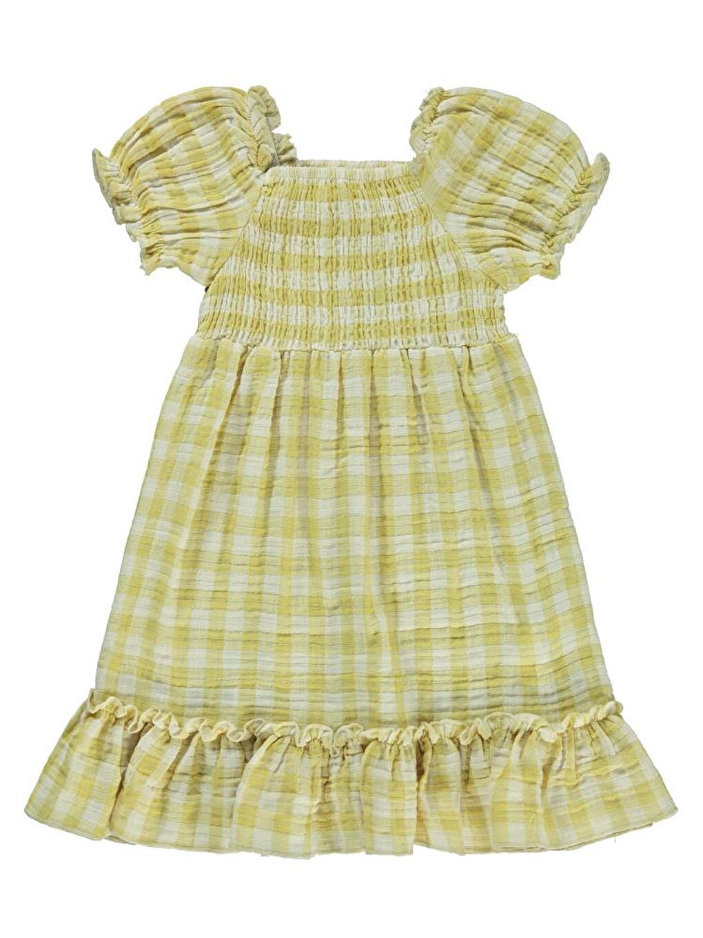 Girls Ekose Desenli 6-9 Yaş Elbise - Sarı 6-7 Yaş