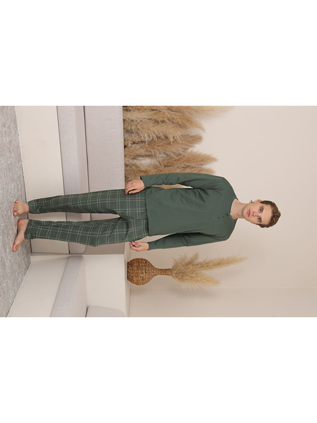 Yeşil Erkek %100 Doğal Pamuk Ekoseli Düğmeli Uzun Kol Kaliteli Pijama Takımı