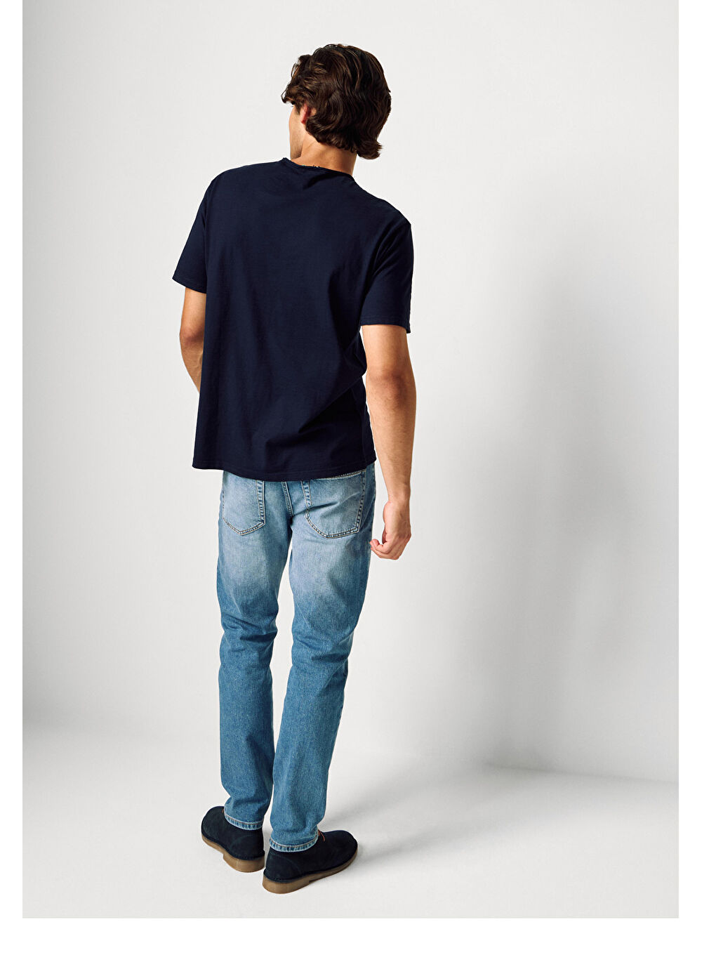 Erkek Lacivert Bisiklet Yaka Slub Tişört-2
