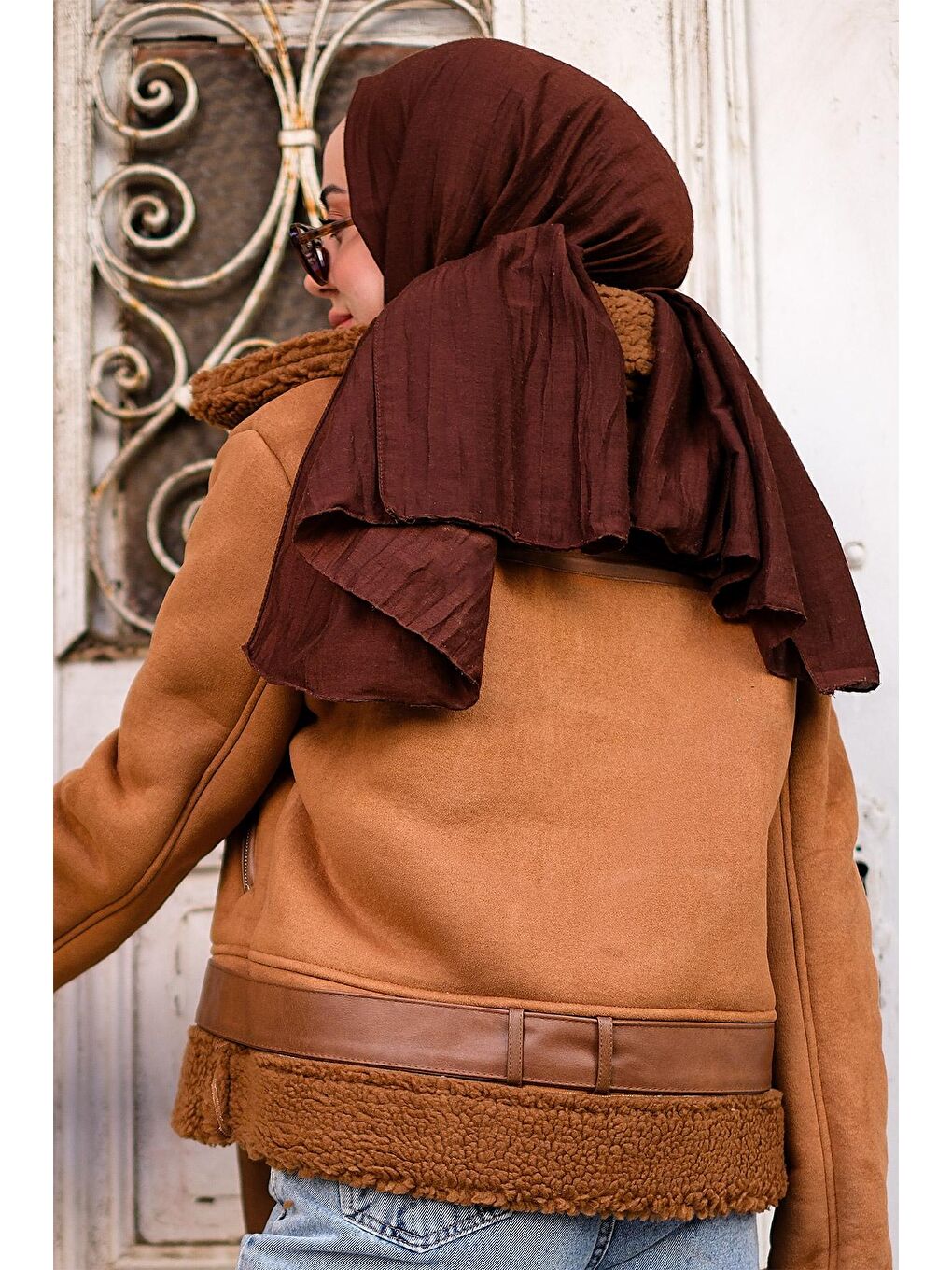 Kahverengi Kadın Yakası Kürklü Çapraz Fermuar Süet Kaban Taba-3