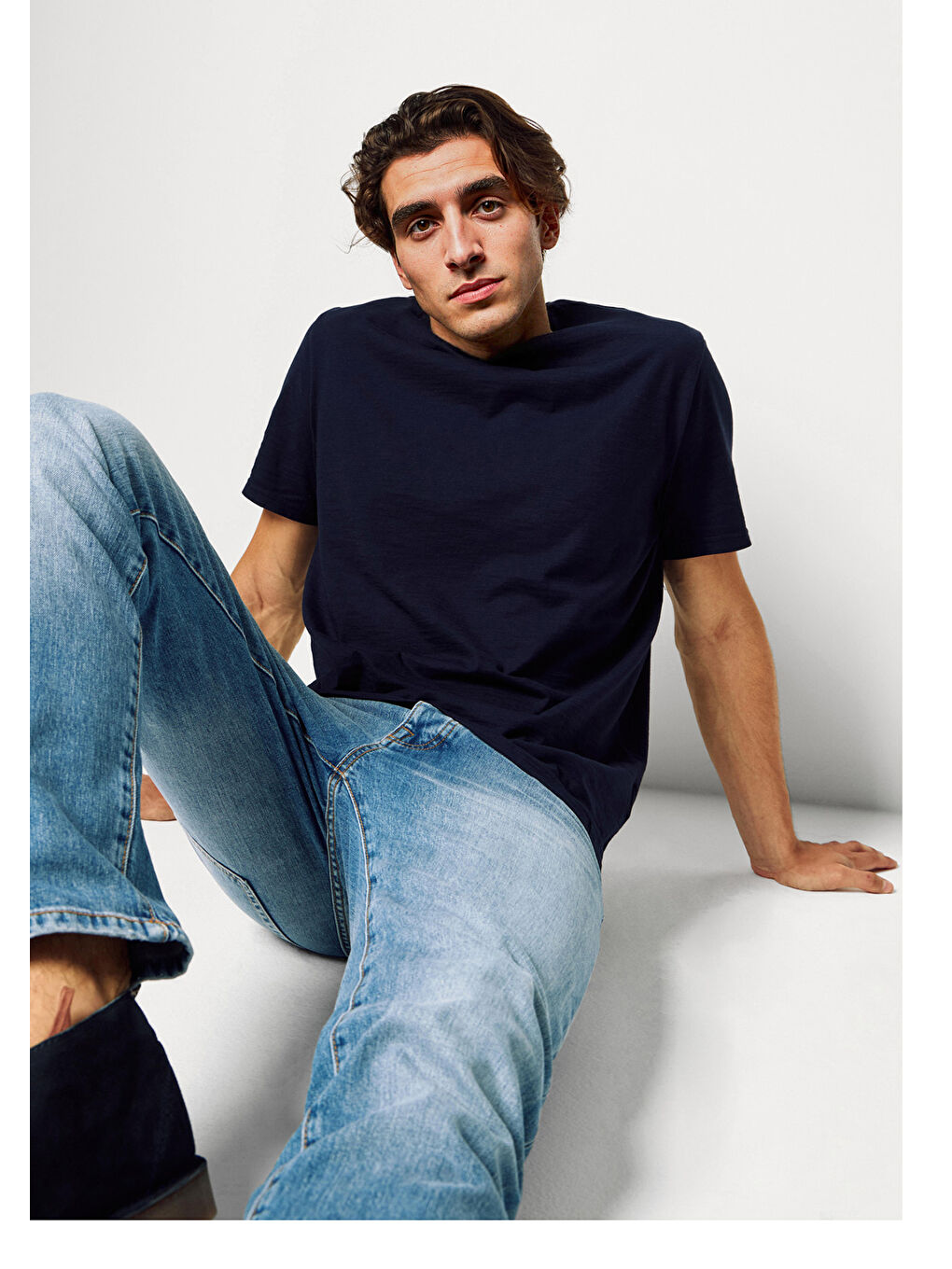 Erkek Lacivert Bisiklet Yaka Slub Tişört-4