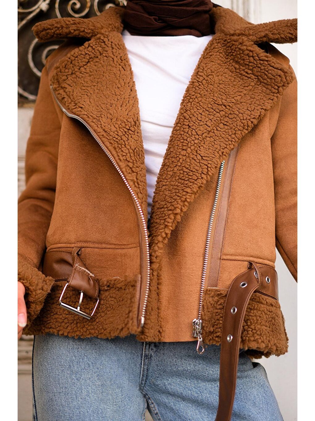 Kahverengi Kadın Yakası Kürklü Çapraz Fermuar Süet Kaban Taba-4