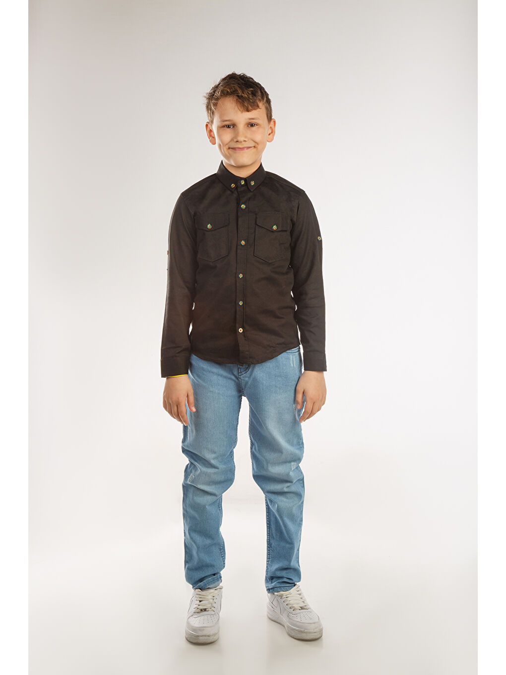 Siyah Uzun Katlama Kollu Erkek Çocuk Gömlek-1