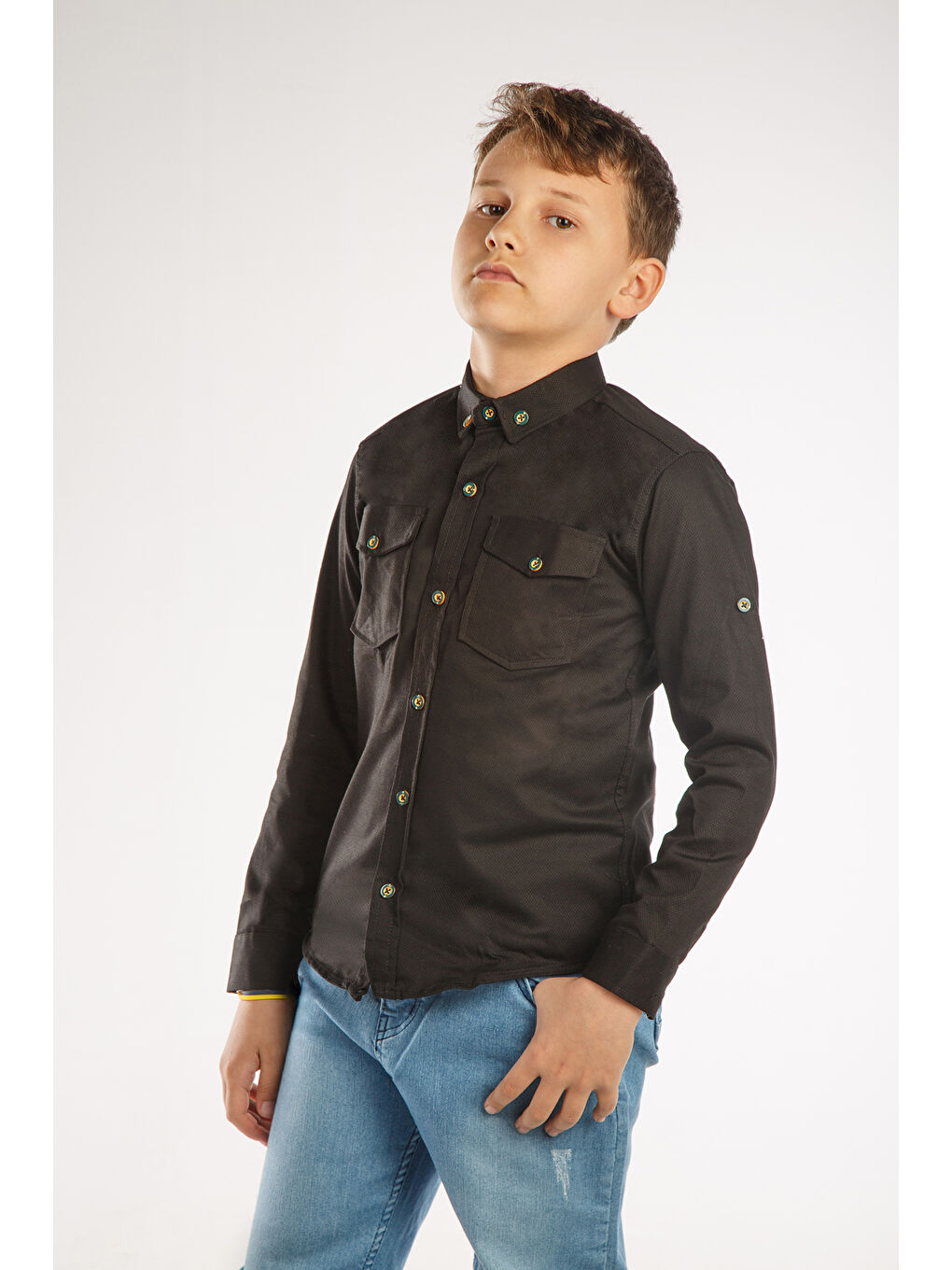 Siyah Uzun Katlama Kollu Erkek Çocuk Gömlek-2