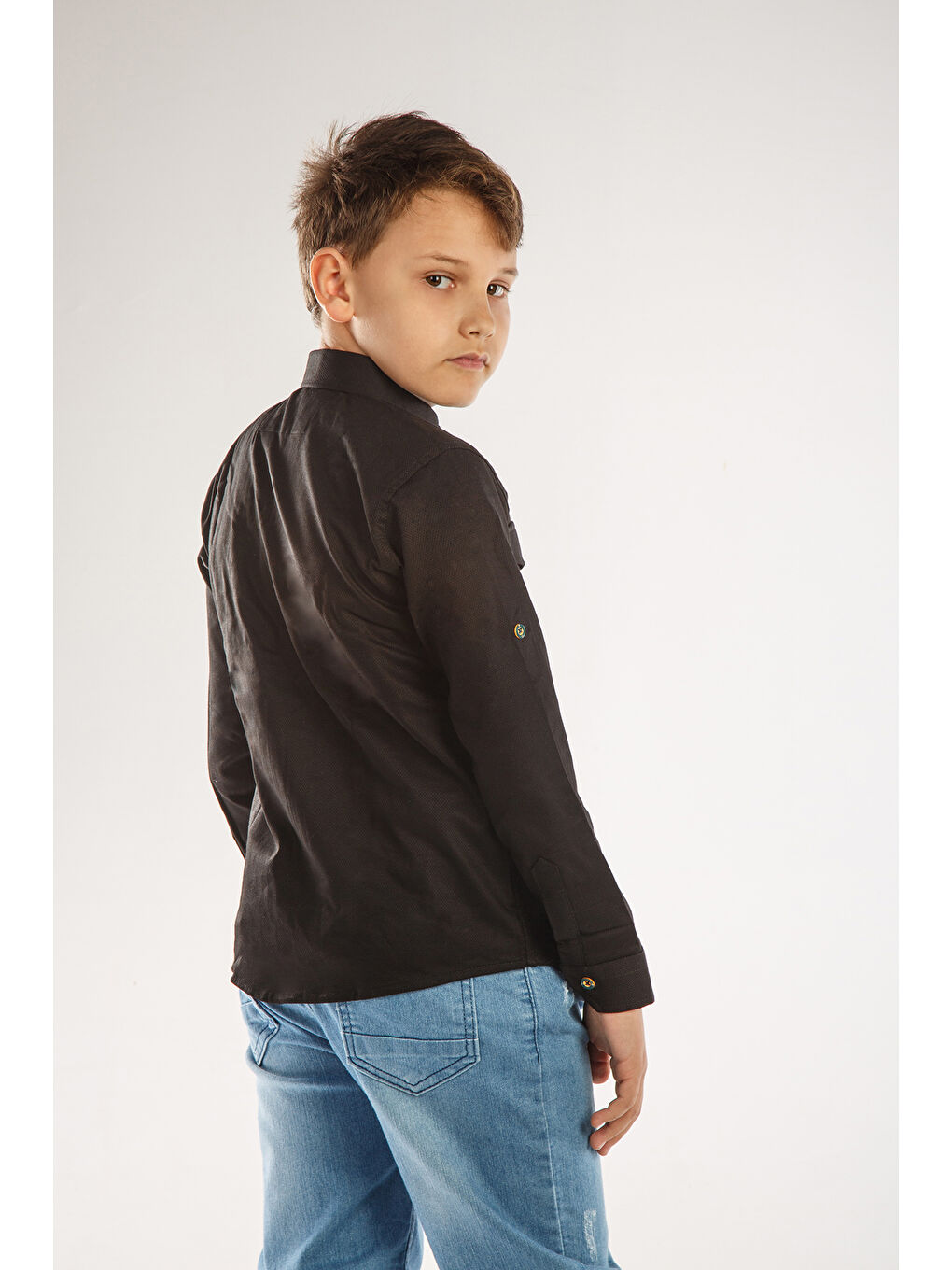 Siyah Uzun Katlama Kollu Erkek Çocuk Gömlek-3