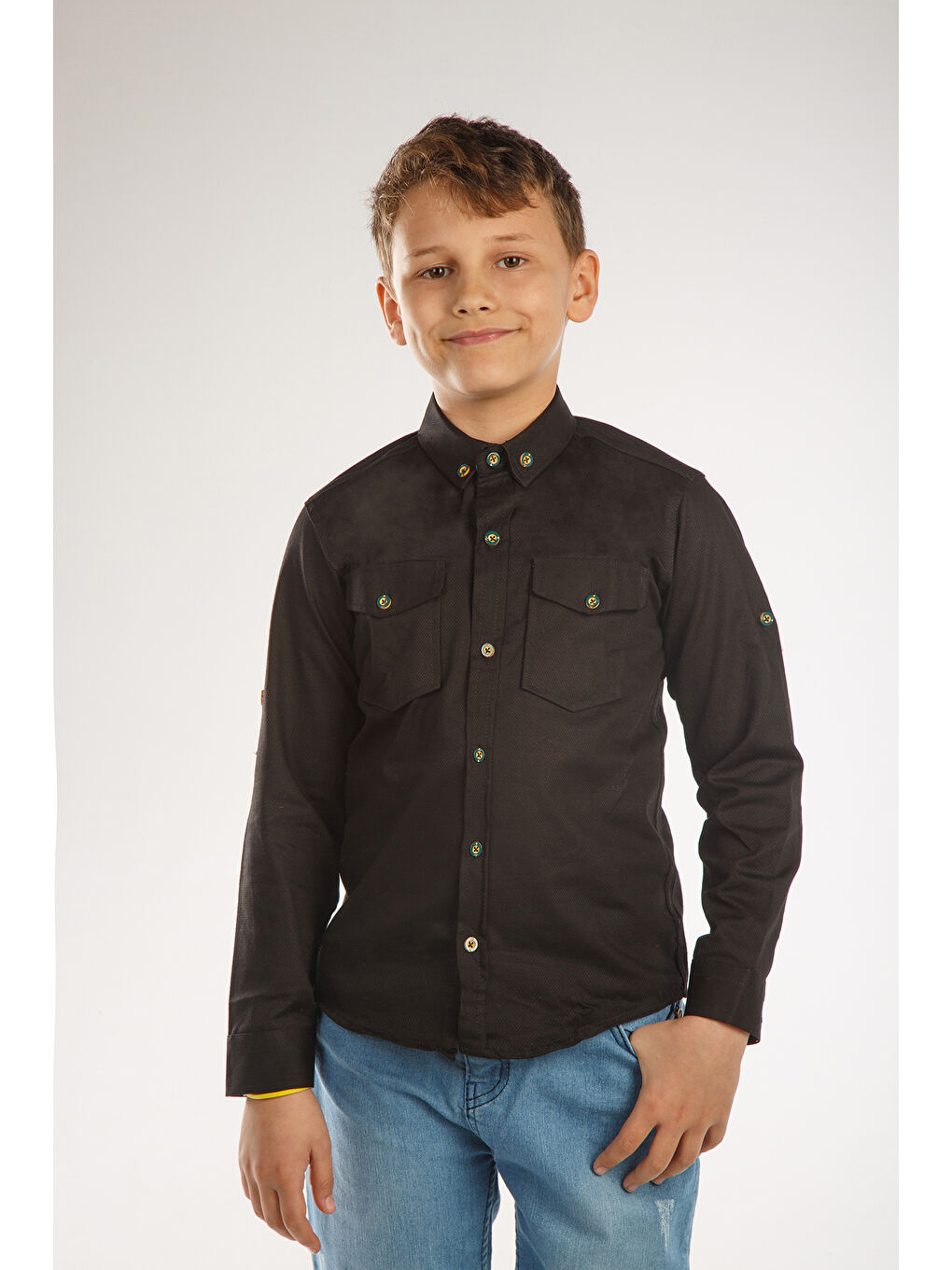 Siyah Uzun Katlama Kollu Erkek Çocuk Gömlek