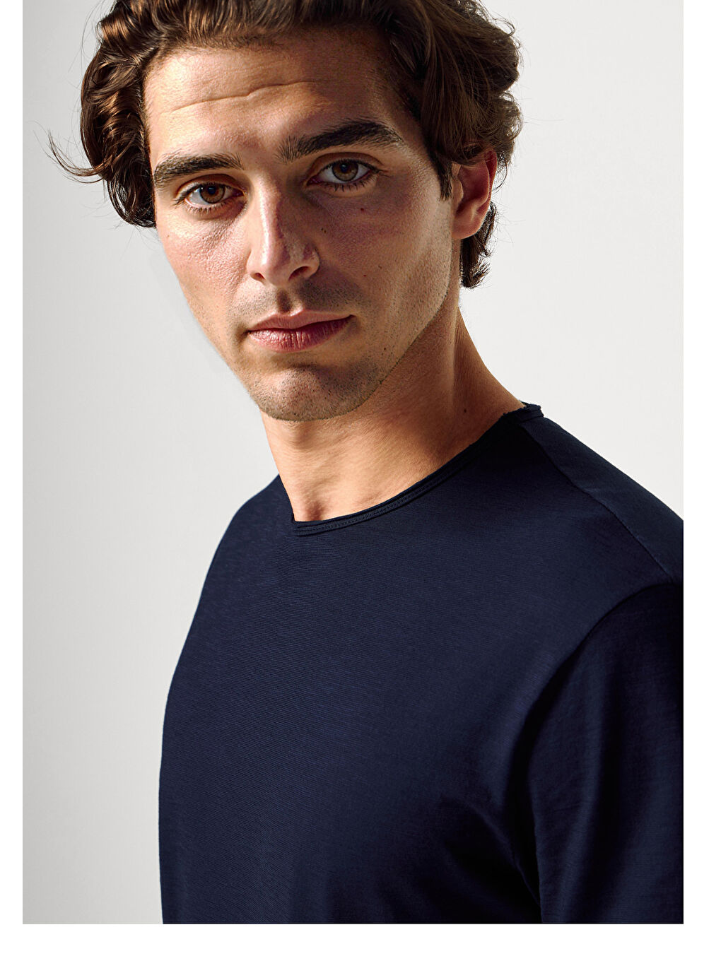 Erkek Lacivert Bisiklet Yaka Slub Tişört-5