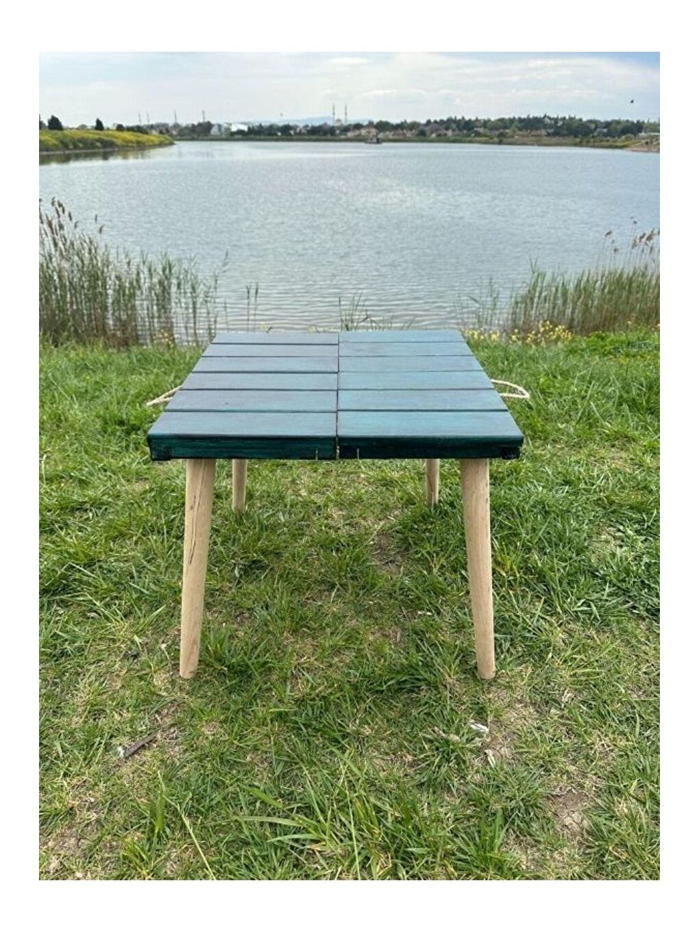 Yeşil Katlanir Kamp Masası,ahşap Piknik Masası, Balkon Masası, Mutfak Masası 50x50x50 Nefti-1
