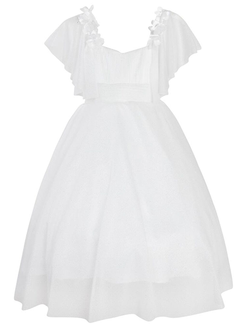 Ekru Girls Omzu Çiçekli Tarlatanlı 2-5 Yaş Abiye - Bej 3-4 Yaş