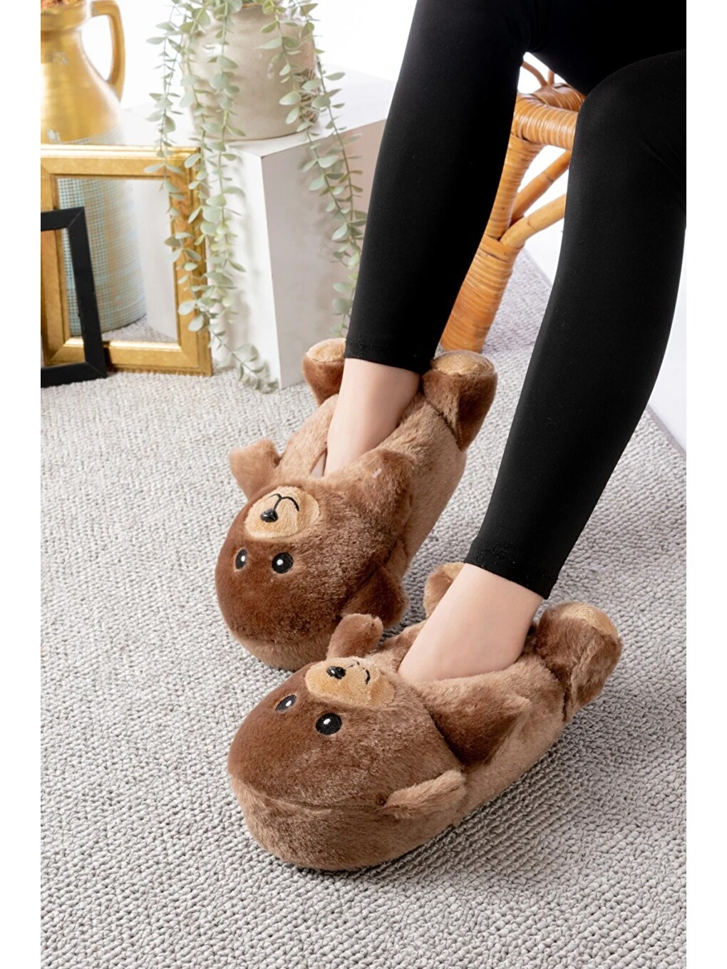 Kahverengi Ayıcık Figürlü Pelüş Panduf Ev Pandufu Unisex-3