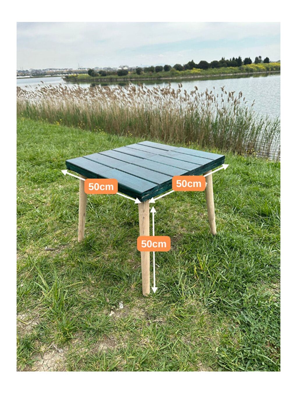 Yeşil Katlanir Kamp Masası,ahşap Piknik Masası, Balkon Masası, Mutfak Masası 50x50x50 Nefti-4