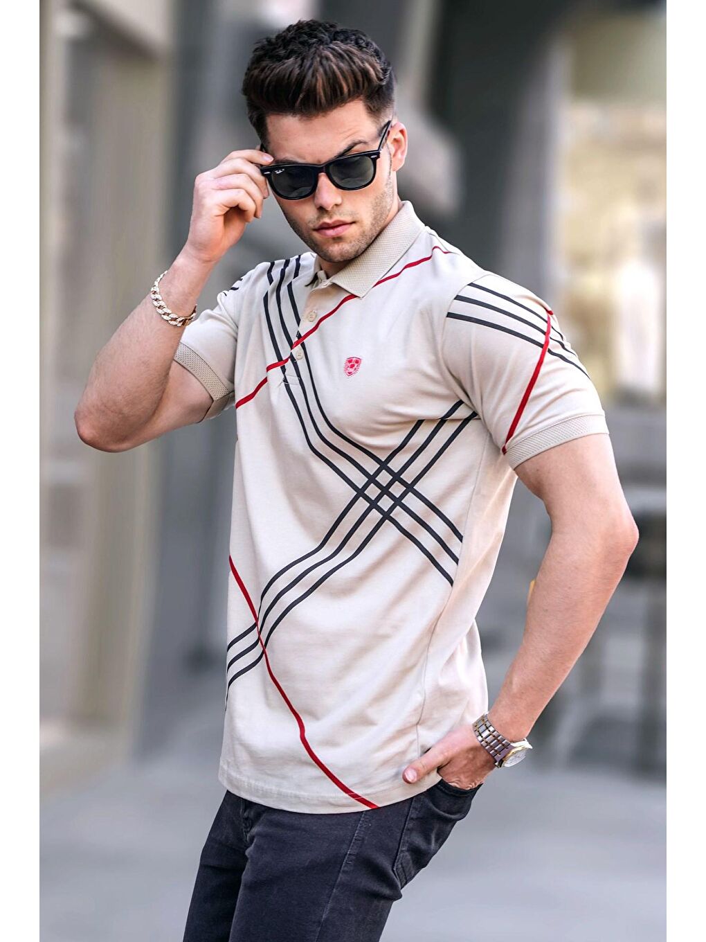 Bej Desenli Polo Yaka Tişört 5870