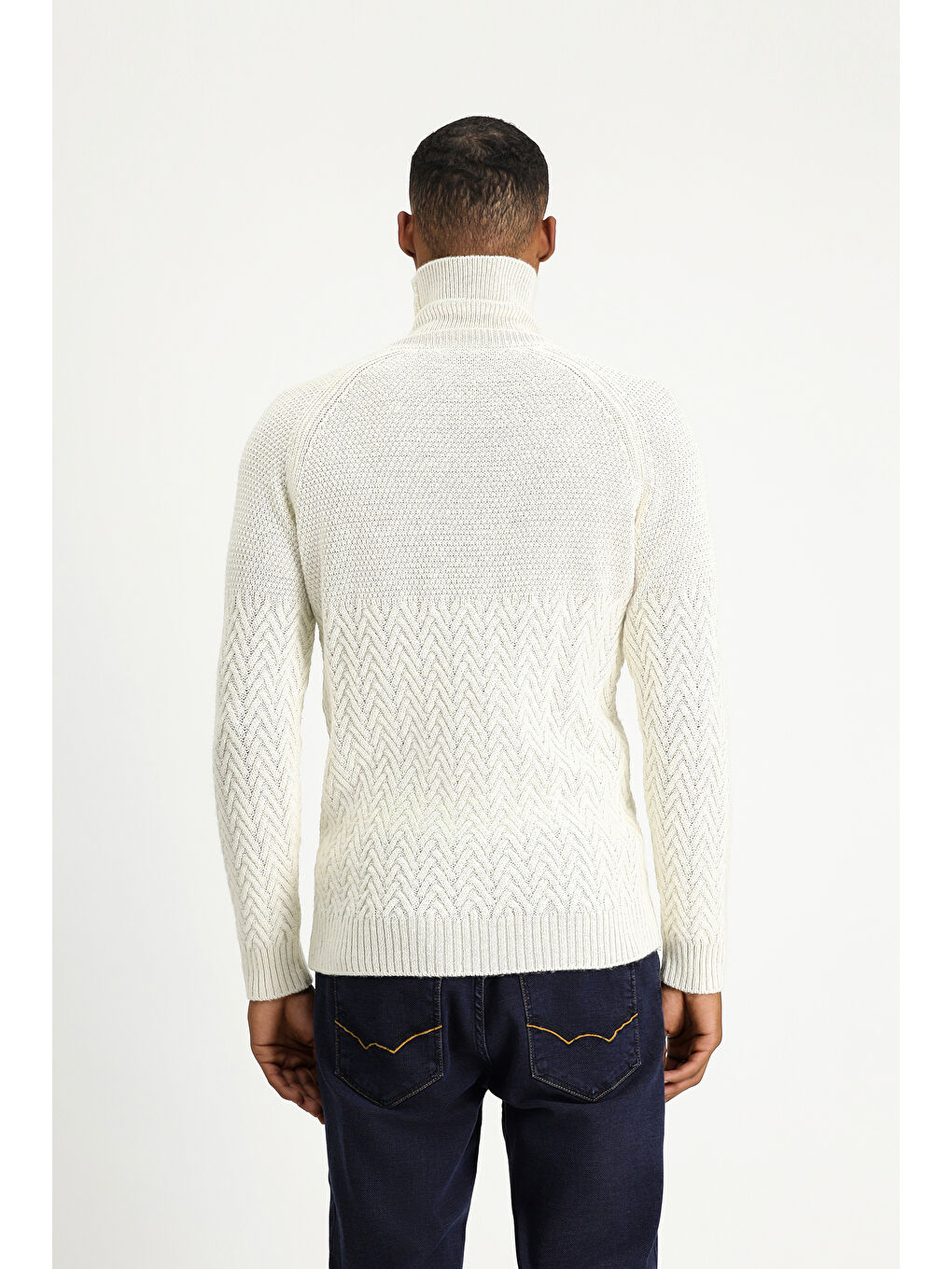 Ekru Balıkçı Yaka Slim Fit Dar Kesim Desenli Yünlü Triko Kazak-3