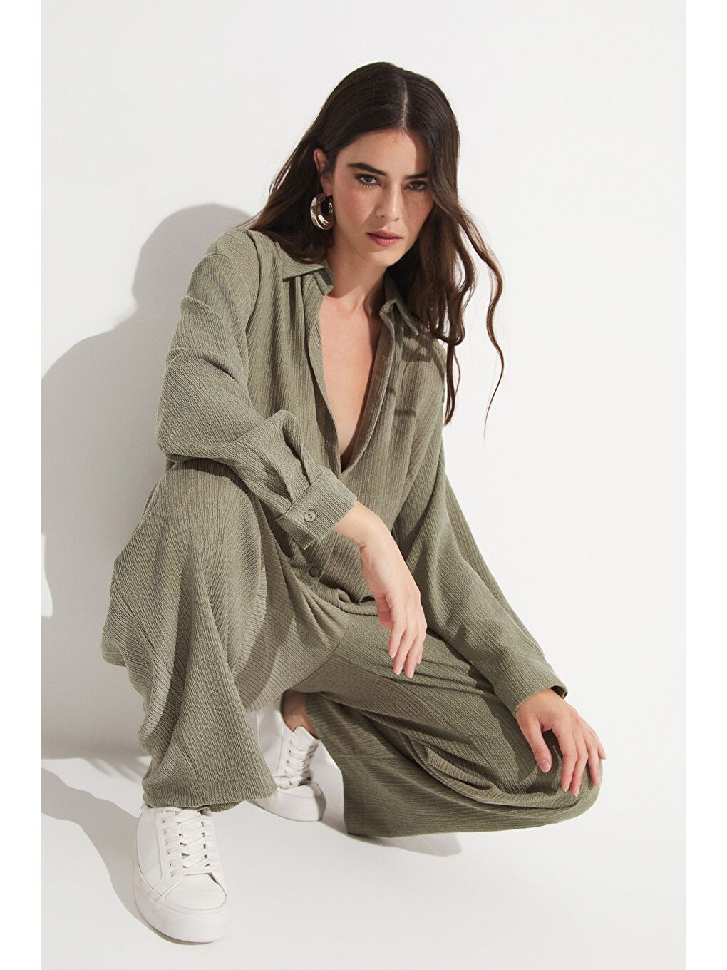 Haki Kadın Pamuk Karışımlı Gömlek Pantolon Takım-4