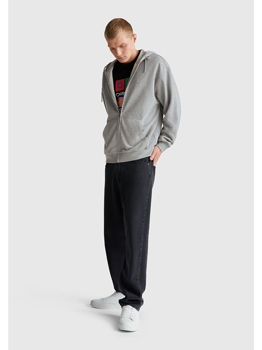 Erkek Gri Melanj  100 Pamuk Dar Kesim  Kapüşonlu %100 Pamuk Fermuarlı Sweatshirt-4