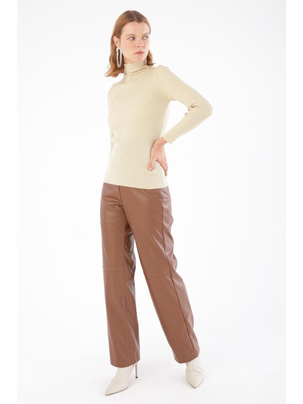 Ekru Krem Uzun Kollu Balıkçı Yaka Triko Bluz-4