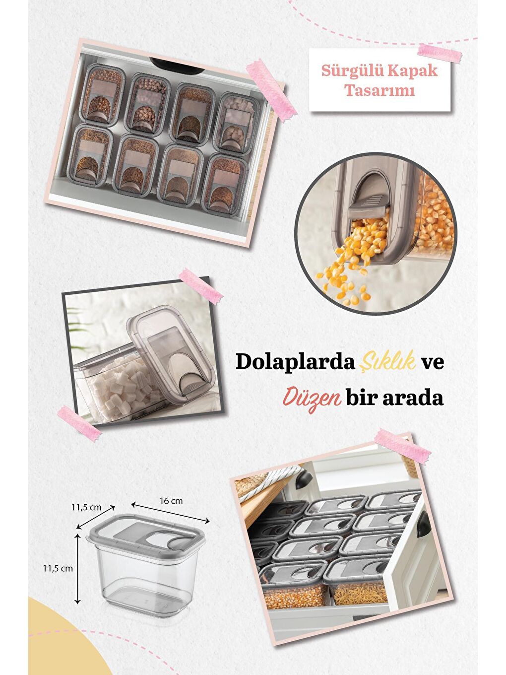 Meleni Home Antrasit 12'li Sürgülü Kapaklı Erzak Saklama Kabı - Etiketli Dikdörtgen Bakliyat Kabı Kavanoz 12x1,3 Lt - 1