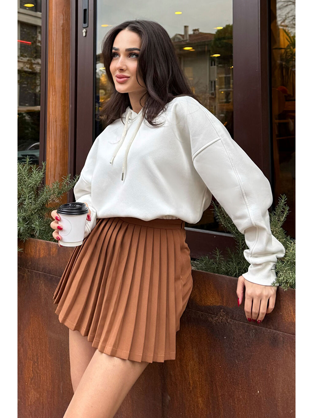 Ekru Reglan Kol Basic Kapüşonlu Oversize Tunik - 97242