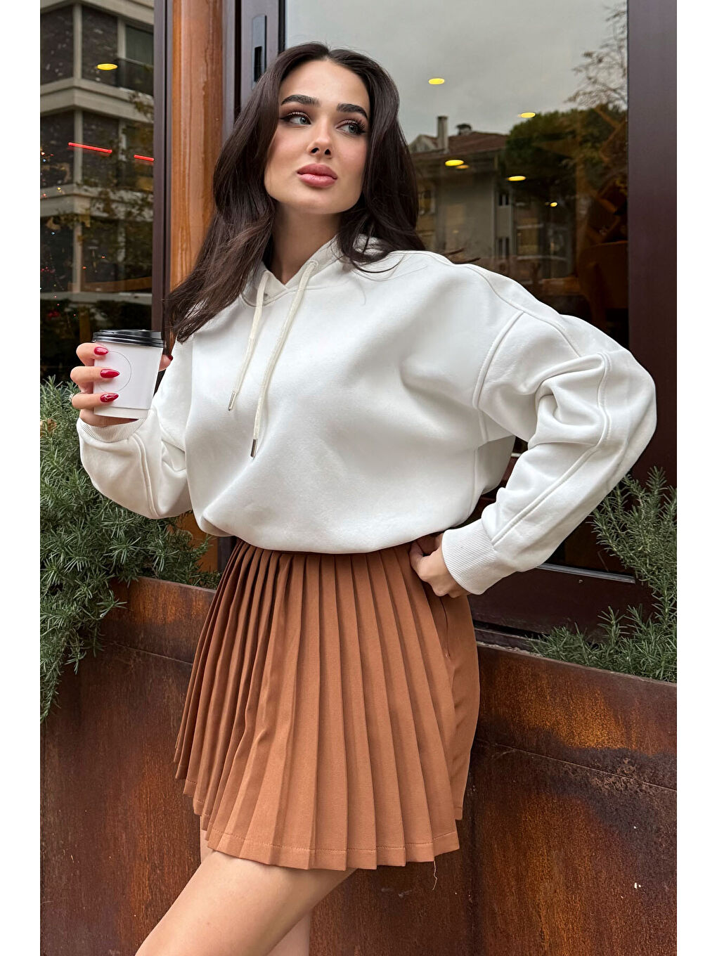 Ekru Reglan Kol Basic Kapüşonlu Oversize Tunik - 97242-2