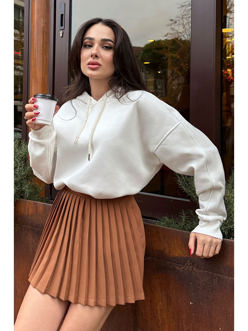 Ekru Reglan Kol Basic Kapüşonlu Oversize Tunik - 97242-4