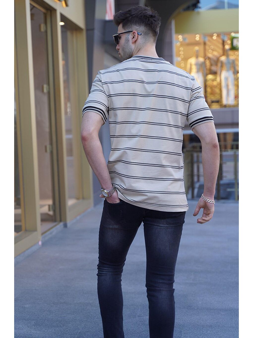 Bej Çizgili Polo Yaka Erkek Tişört 5874-1
