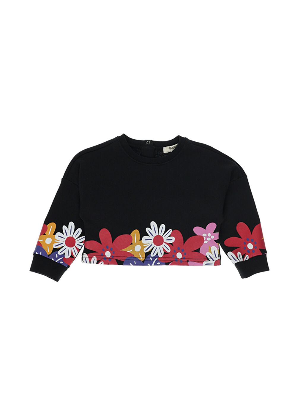 Panço Siyah Kız Çocuk  Etek Ucu Çiçekli Crop Sweatshirt - 1