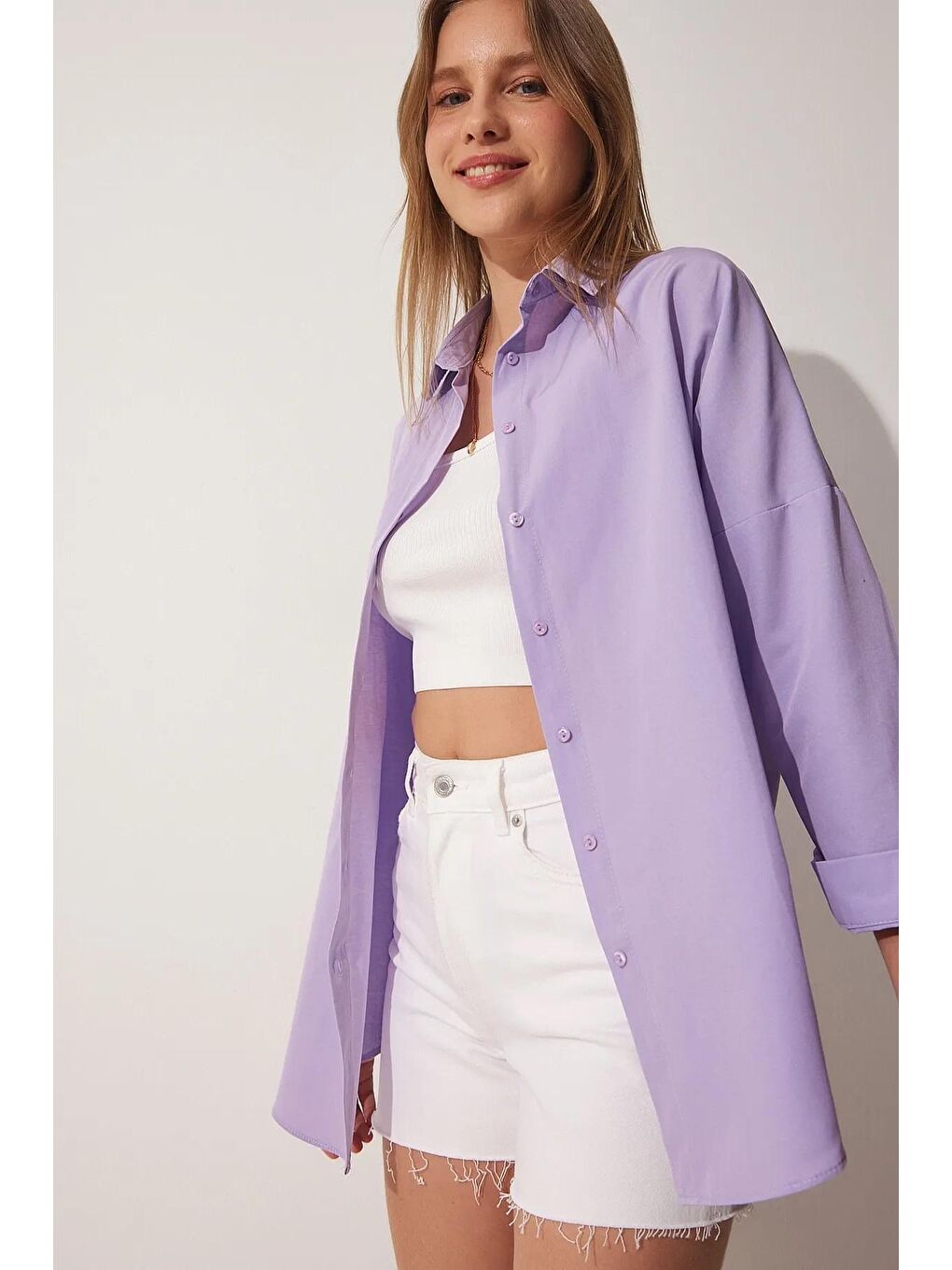 Kadın Lila Sade Düz Araboy Basic Oversize Gömlek