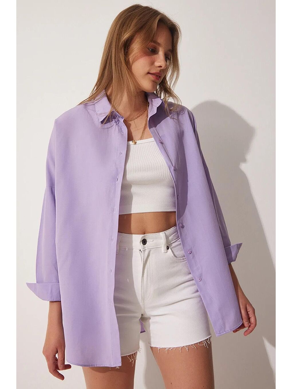 Kadın Lila Sade Düz Araboy Basic Oversize Gömlek-1