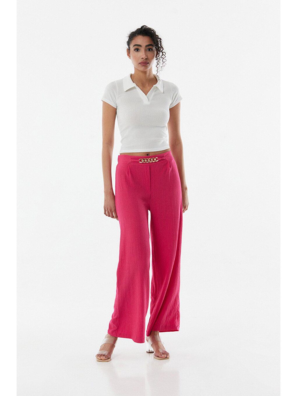 Fuşya Bürümcük Kumaş Beli Lastikli Zincirli Pantolon-3