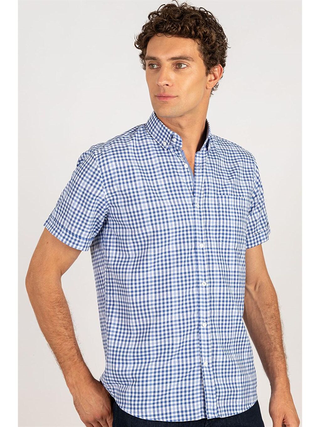 Siyah Klasik Fit Kısa Kol Pamuklu Kolay Ütü Ekose Erkek Renkli Gömlek-1