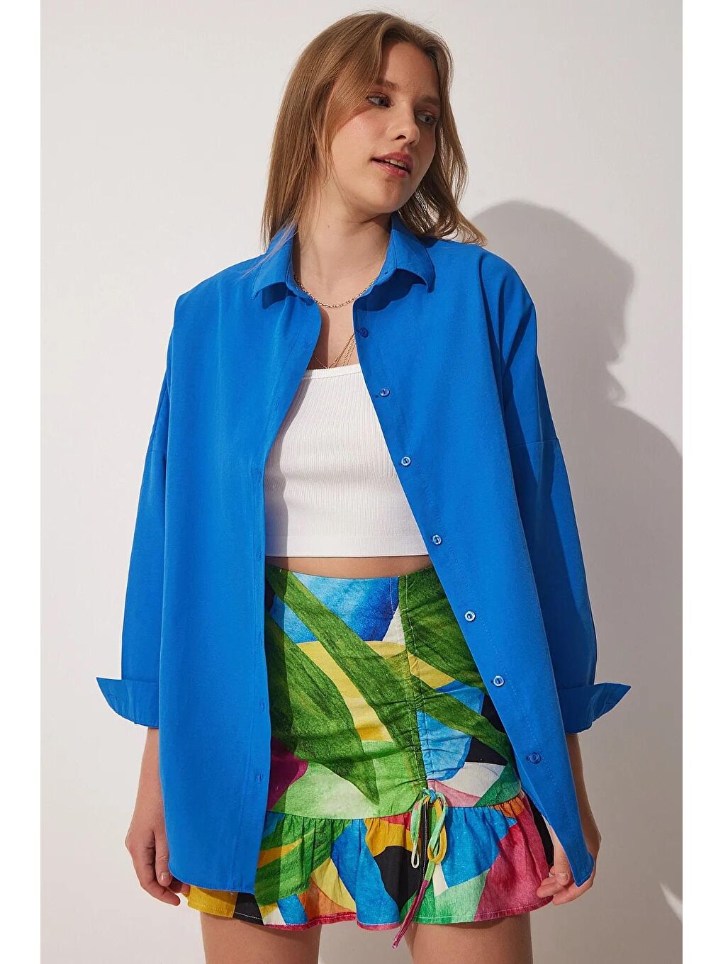 Kadın Saks Mavisi Sade Düz Araboy Basic Oversize Gömlek