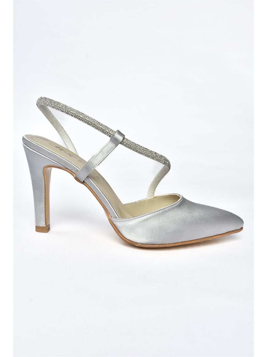 Gri P246162904 Gümüş Saten Kumaş İnce Topuklu Kadın Ayakkabı-4