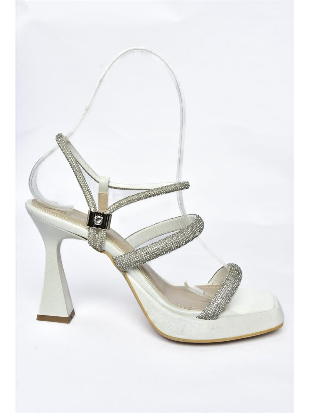 Ekru P282401109 Sedef Taşlı Kalın Topuklu Kadın Abiye Ayakkabı-4
