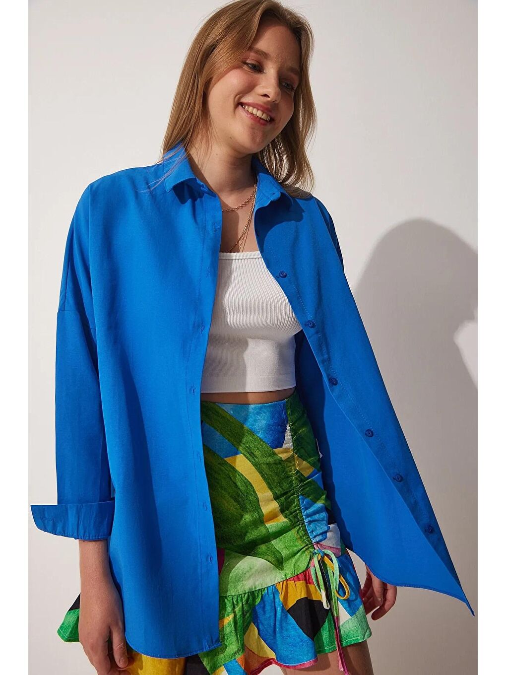 Kadın Saks Mavisi Sade Düz Araboy Basic Oversize Gömlek-1