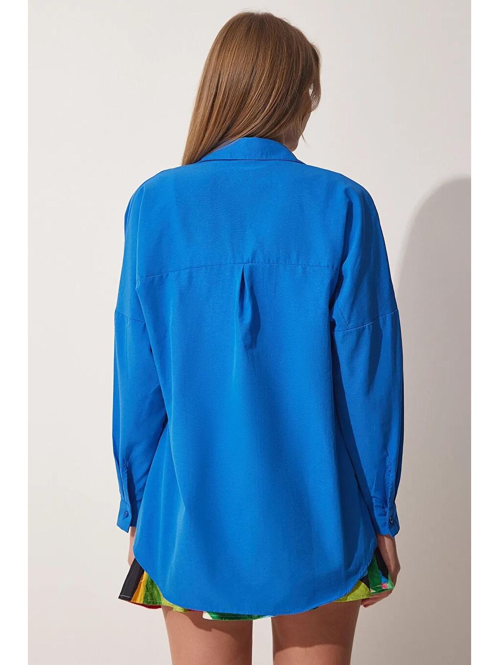 Kadın Saks Mavisi Sade Düz Araboy Basic Oversize Gömlek-2