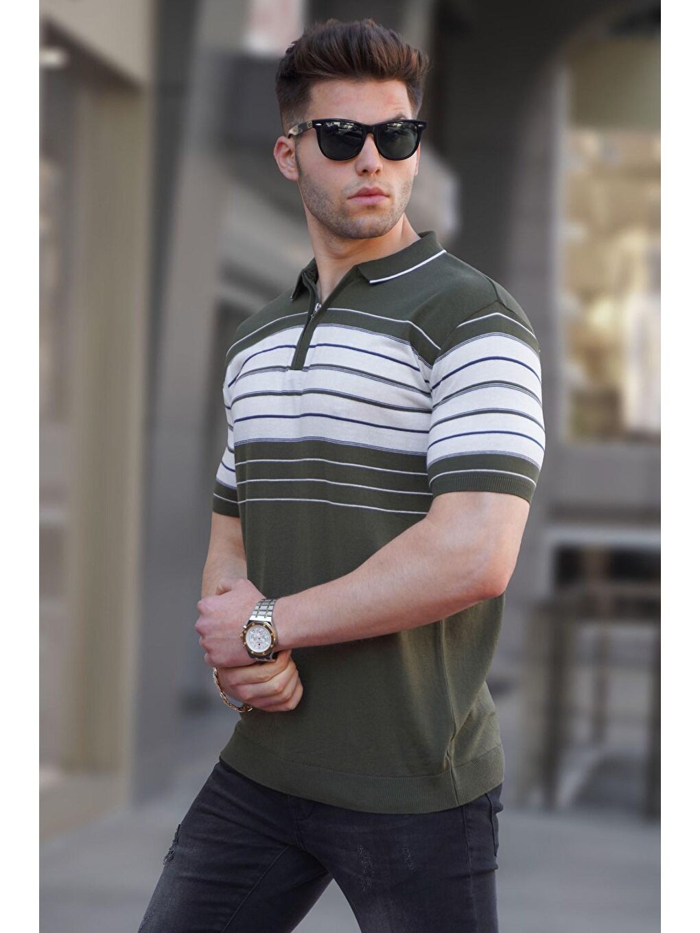 Erkek Haki Polo Yaka Fermuarlı Tişört 5733