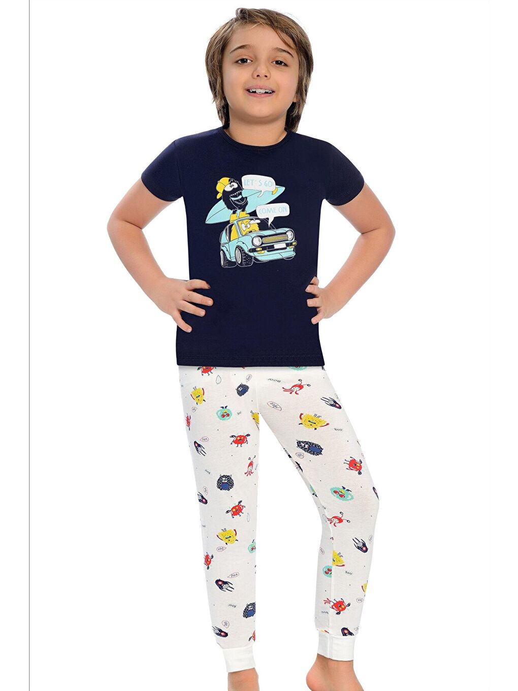 LITTLE FROG KIDS Lacivert-Beyaz Pamuklu Kısa Kollu Desenli Paça Bantlı Erkek Çocuk Pijama Takım