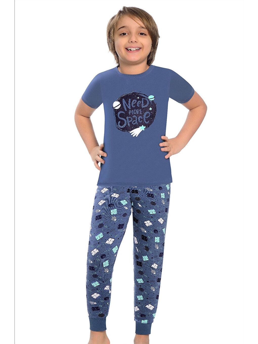 LITTLE FROG KIDS İndigo Pamuklu Kısa Kollu Desenli Paça Bantlı Erkek Çocuk Pijama Takım