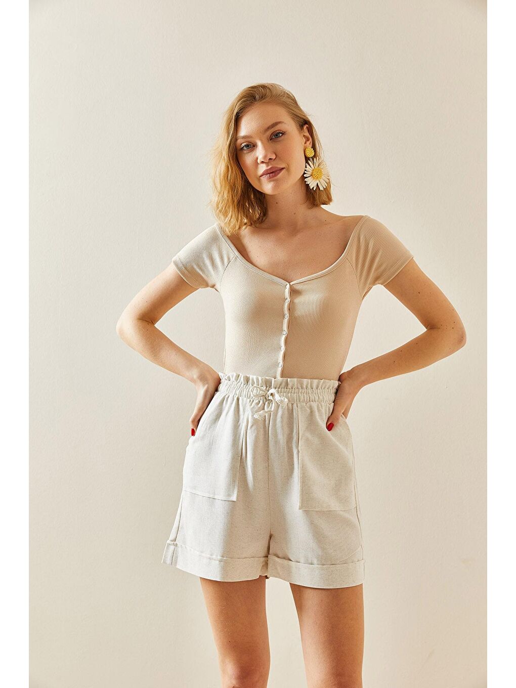 Bej Çıtçıt Düğmeli Kayık Yaka Bluz 3YXK2-47298-25-1