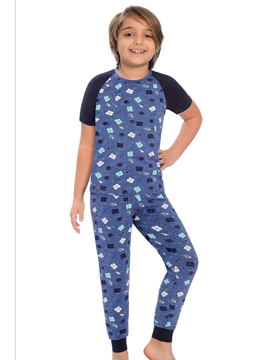 İndigo Pamuklu Kısa Kollu Desenli Paça Bantlı Erkek Çocuk Pijama Takım