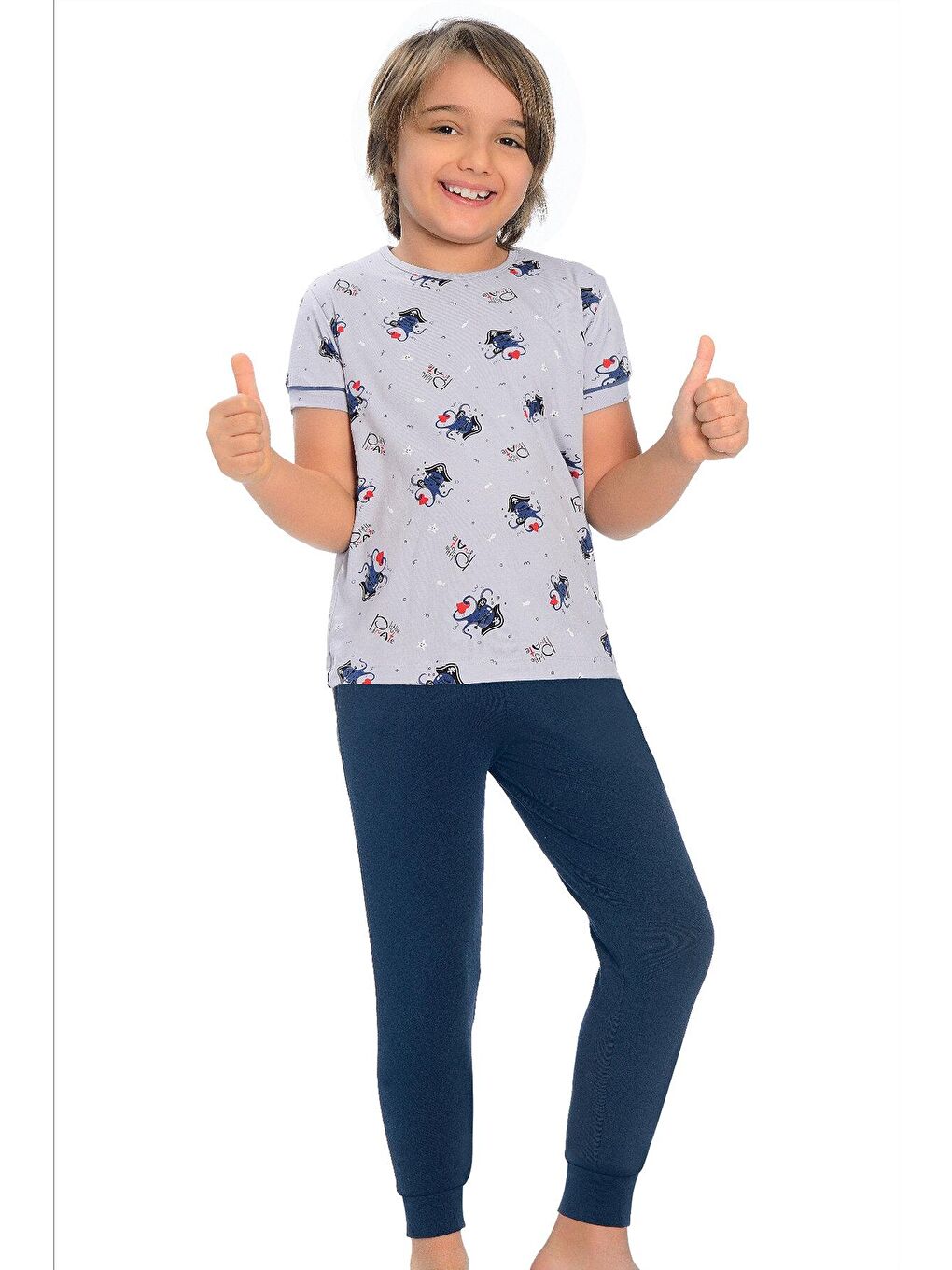 LITTLE FROG KIDS Lacivert-Gri Pamuklu Kısa Kollu Desenli Paça Bantlı Erkek Çocuk Pijama Takım