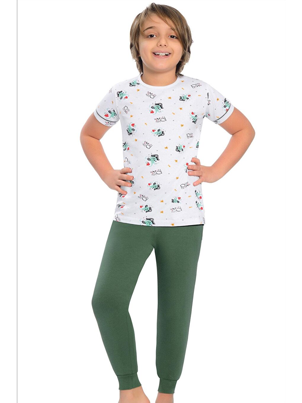 LITTLE FROG KIDS Beyaz-Yeşil Pamuklu Kısa Kollu Desenli Paça Bantlı Erkek Çocuk Pijama Takım