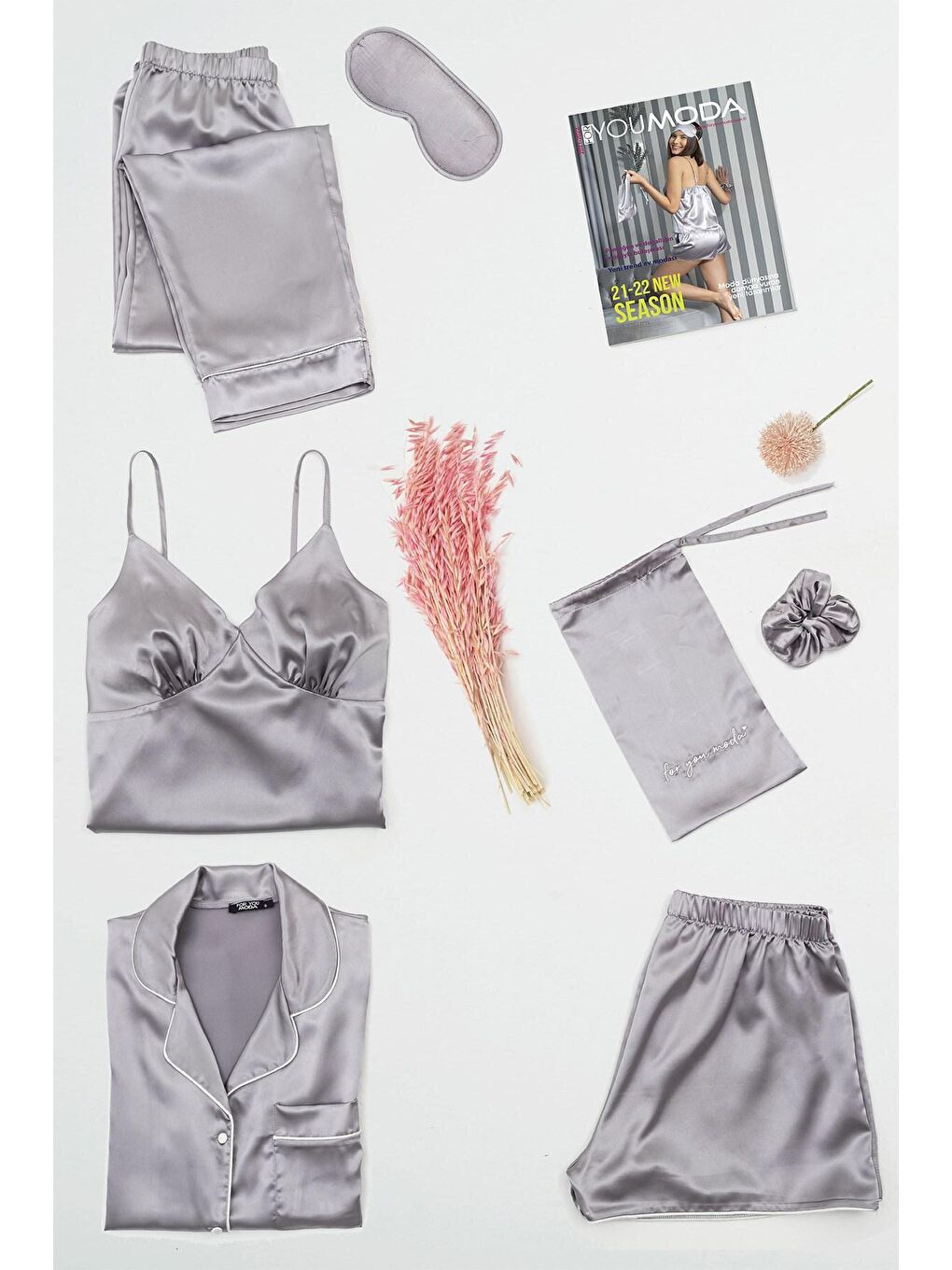 7'li Büstiyerli Gri Pijama Takımı