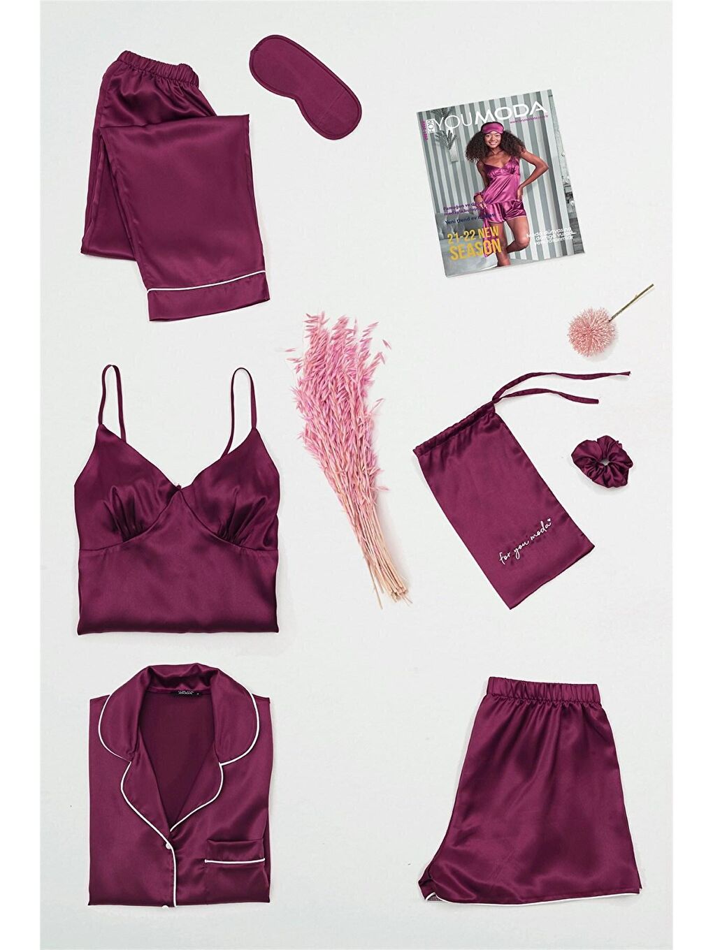 7'li Büstiyerli Bordo  Pijama Takımı