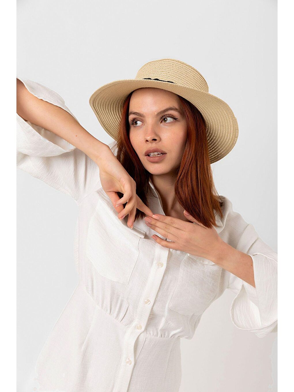 Bej Arı Detaylı Gondol Hasır Şapka Kutulu Gönderim  Hsr2040-3