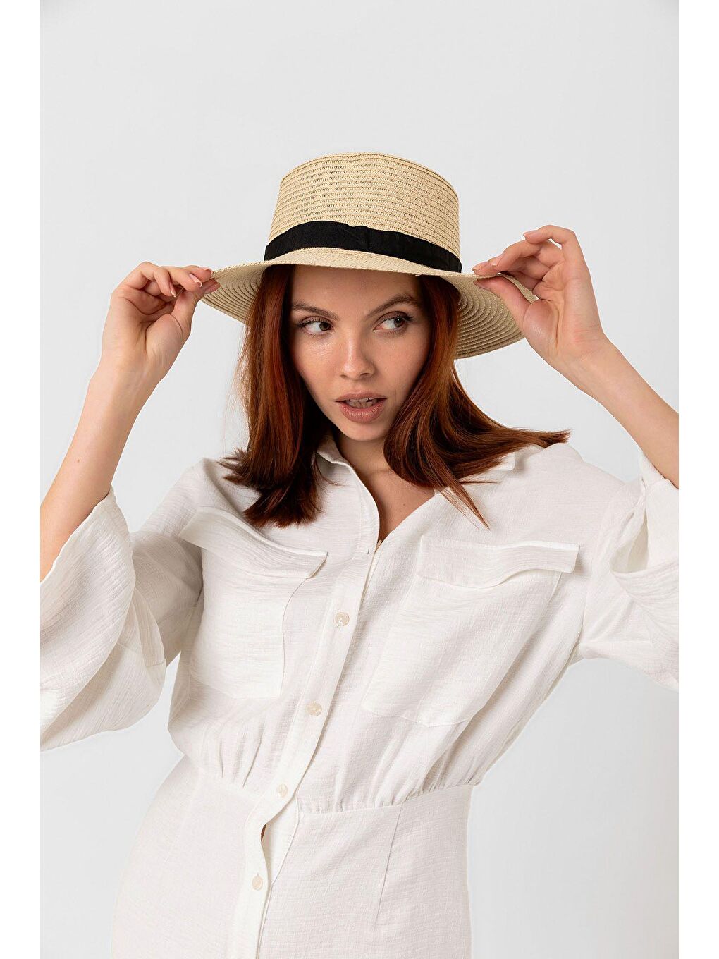 Bej Arı Detaylı Gondol Hasır Şapka Kutulu Gönderim  Hsr2040-5